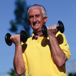 Senior Male lifting hands weights